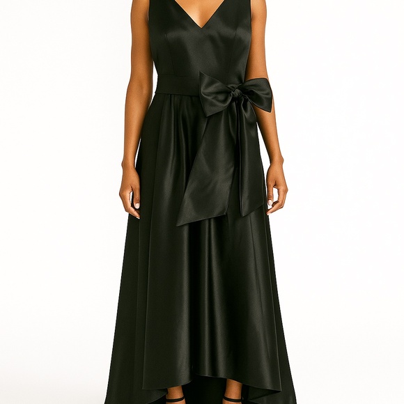 Miss Veil Black V-Neck Satin Black Tie Gala Gown Removable Bow w/ Pockets Sz 10 - Picture 2 of 13